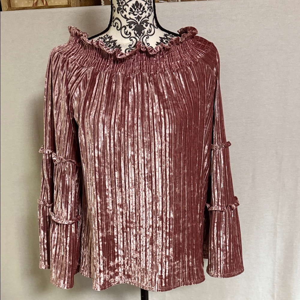 Hummingbird Crush Velvet Ruffle Bell Sleeves Blouse -Color Dusty Rose Large